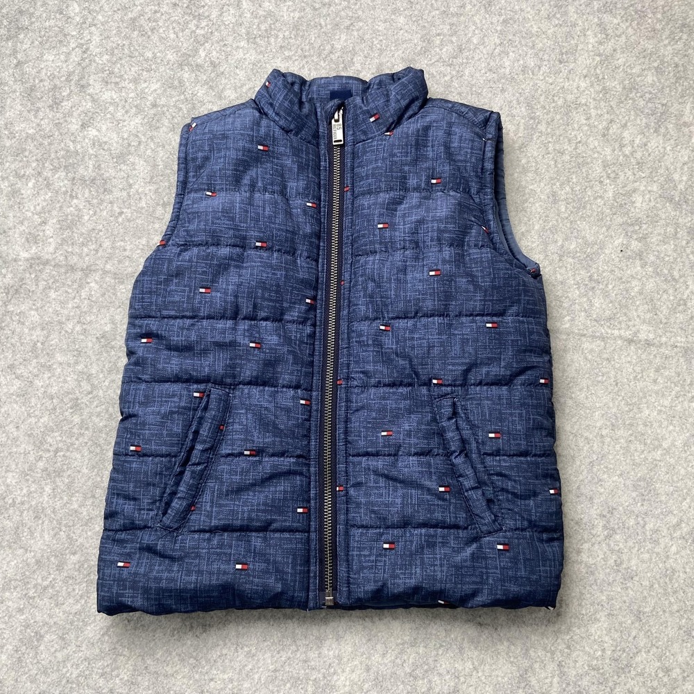 Tommy Hilfiger Vest Kids 4T Blue Quilted Puffer Full Zip Allover Logo Print